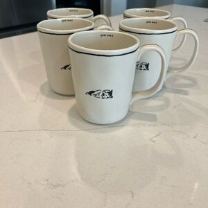 5 Anthropologie White and Black mugs with sleeping dog. Inscribed “ quiet time”